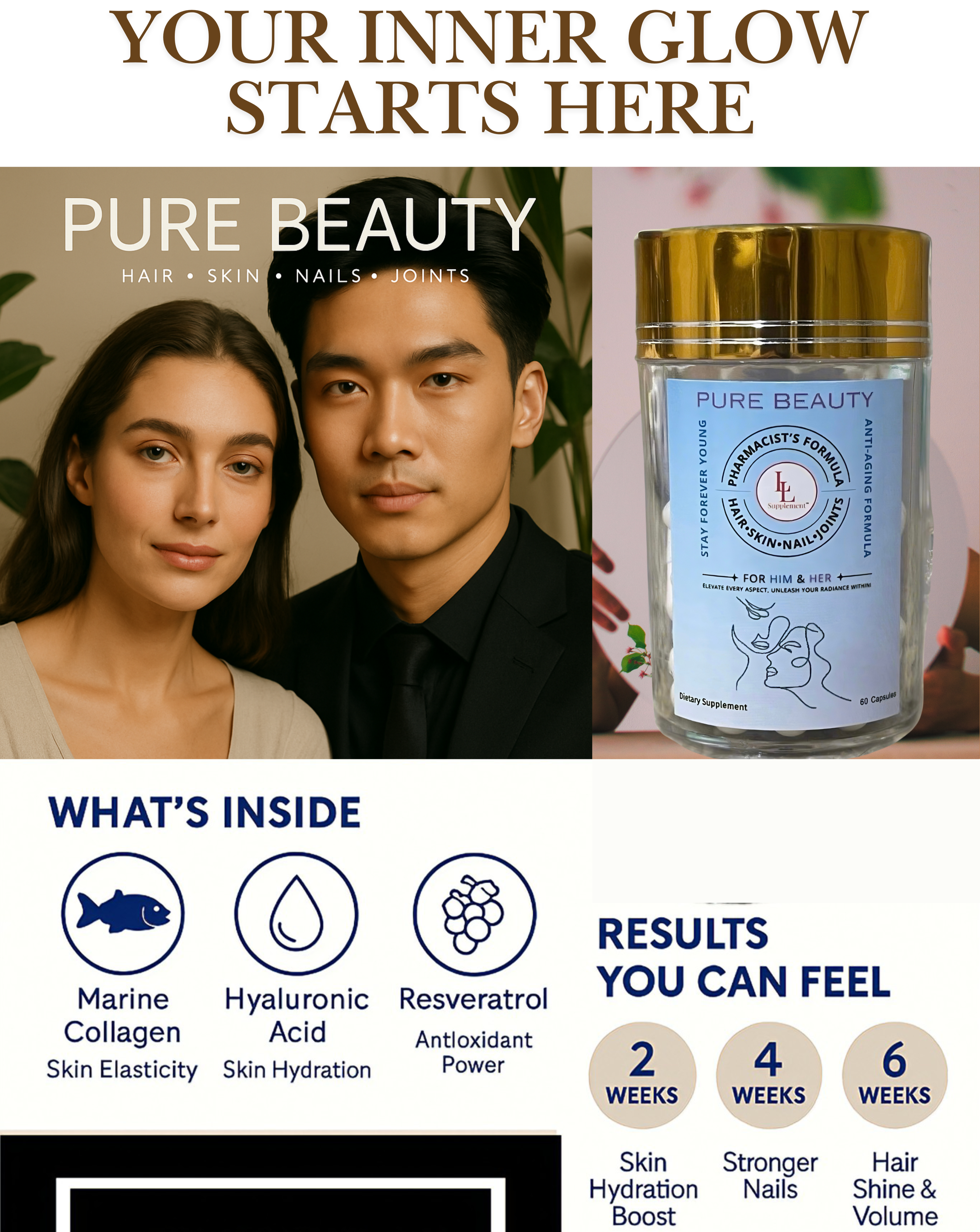 Advertisement for Pure Beauty product with text and images of a man and woman.
