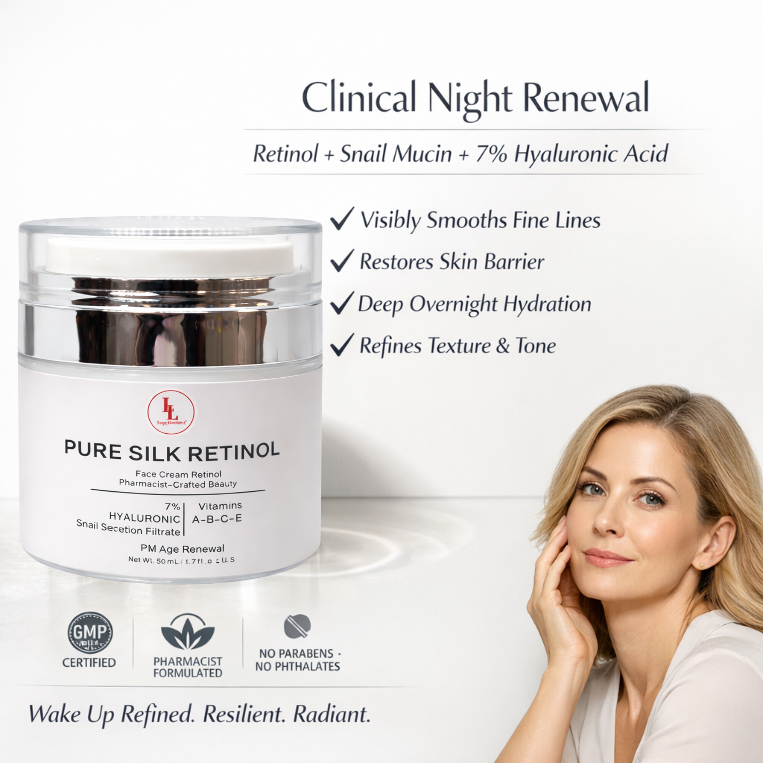 Pure Silk Retinol Night Cream w/ Hyaluronic Acid & Snail Mucin, PM Age Renewal (50mL)