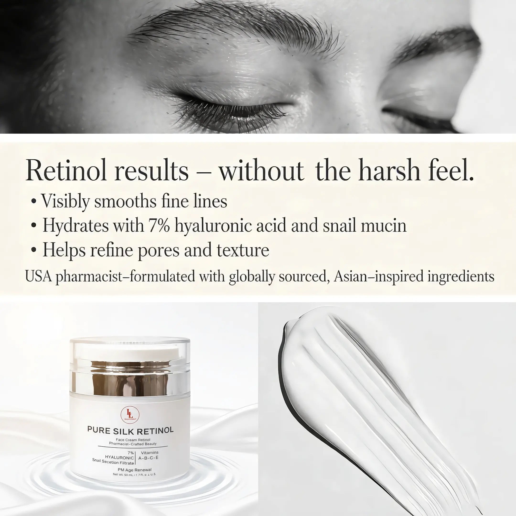 Pure Silk Retinol Night Cream w/ Hyaluronic Acid & Snail Mucin, PM Age Renewal (50mL)