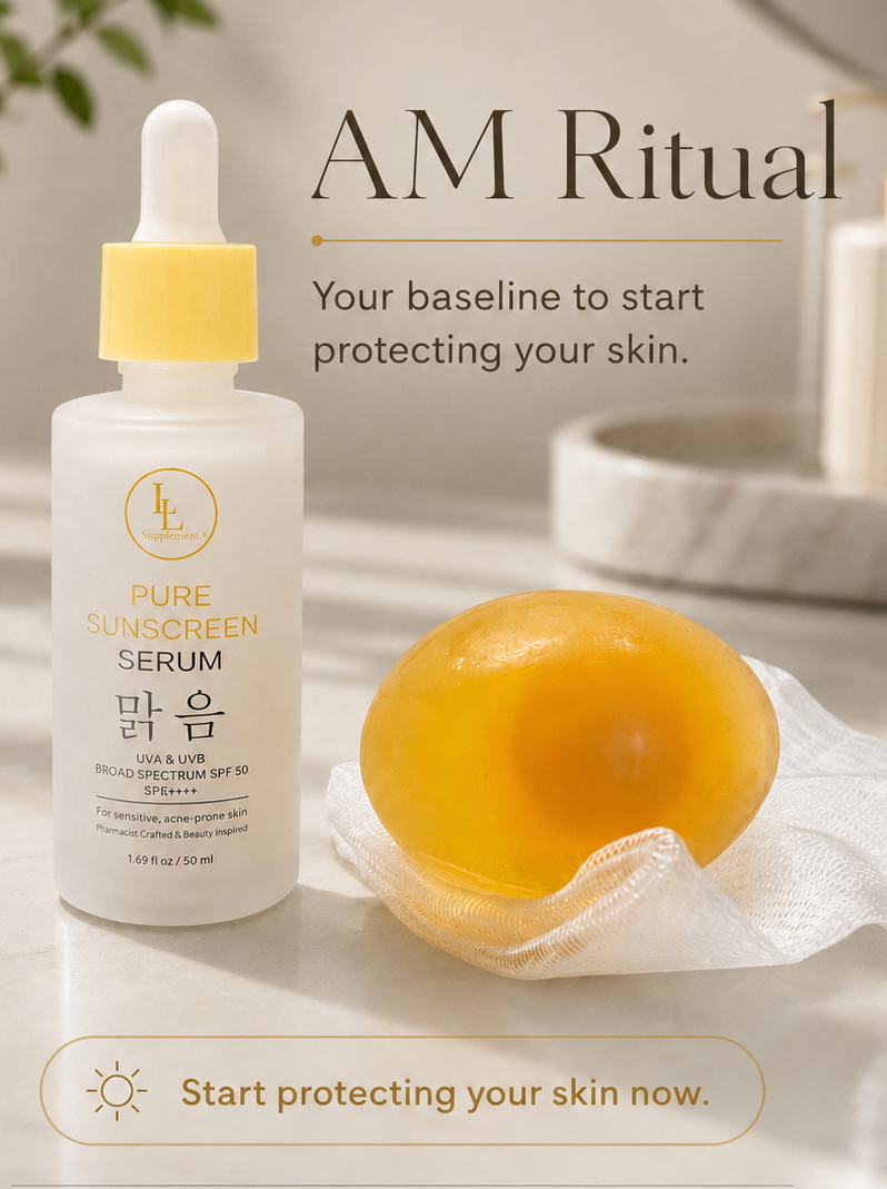Skincare serum bottle with a yellow dropper on a bathroom counter, featuring text about an 'AM Ritual' skincare routine.