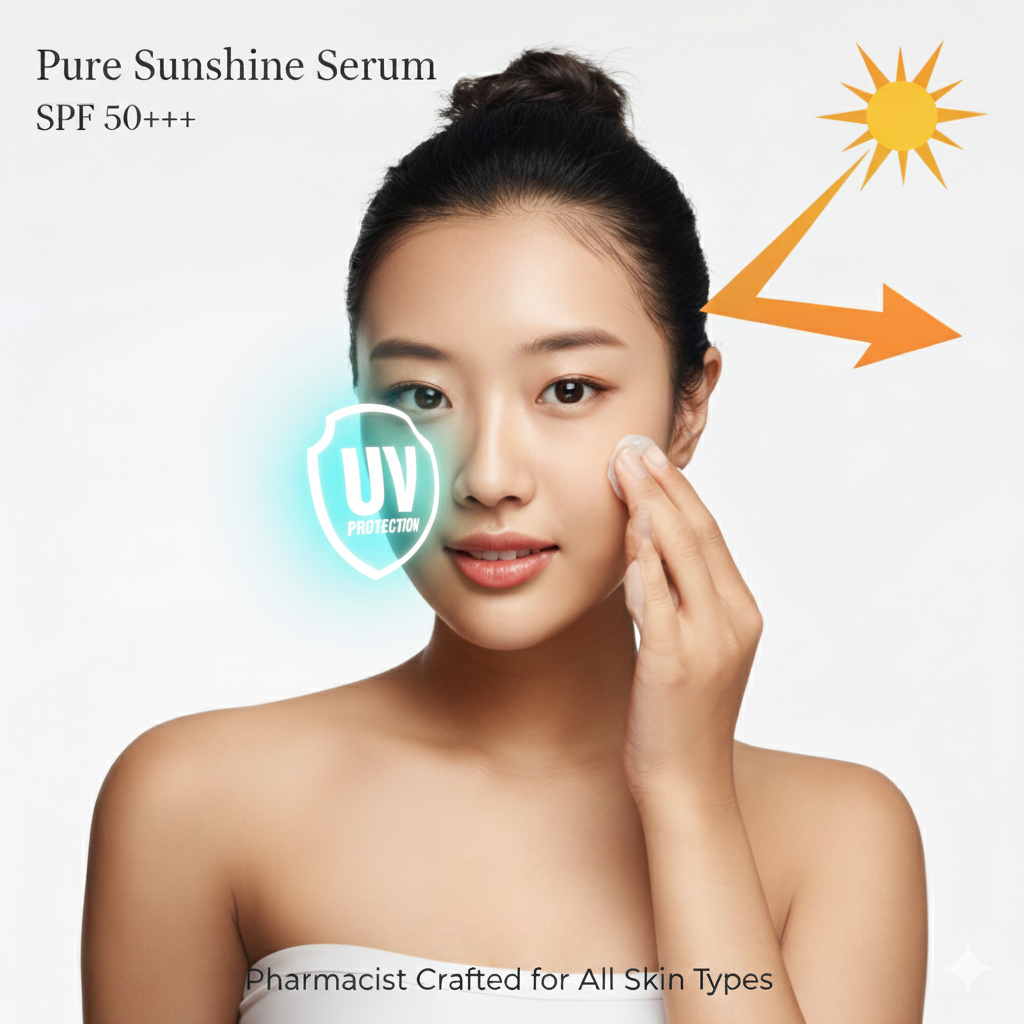 Woman applying Pure Sunshine Serum with sun and UV protection icons on a white background