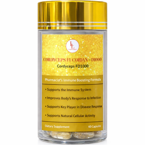 Supplement bottle with gold cap and yellow label on a white background