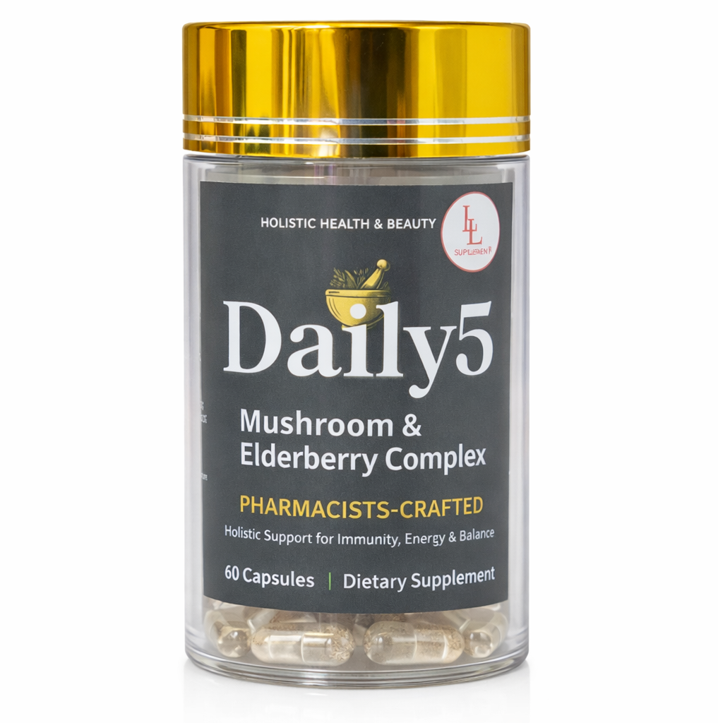 Supplement container labeled 'Daily5' with gold lid on a white background