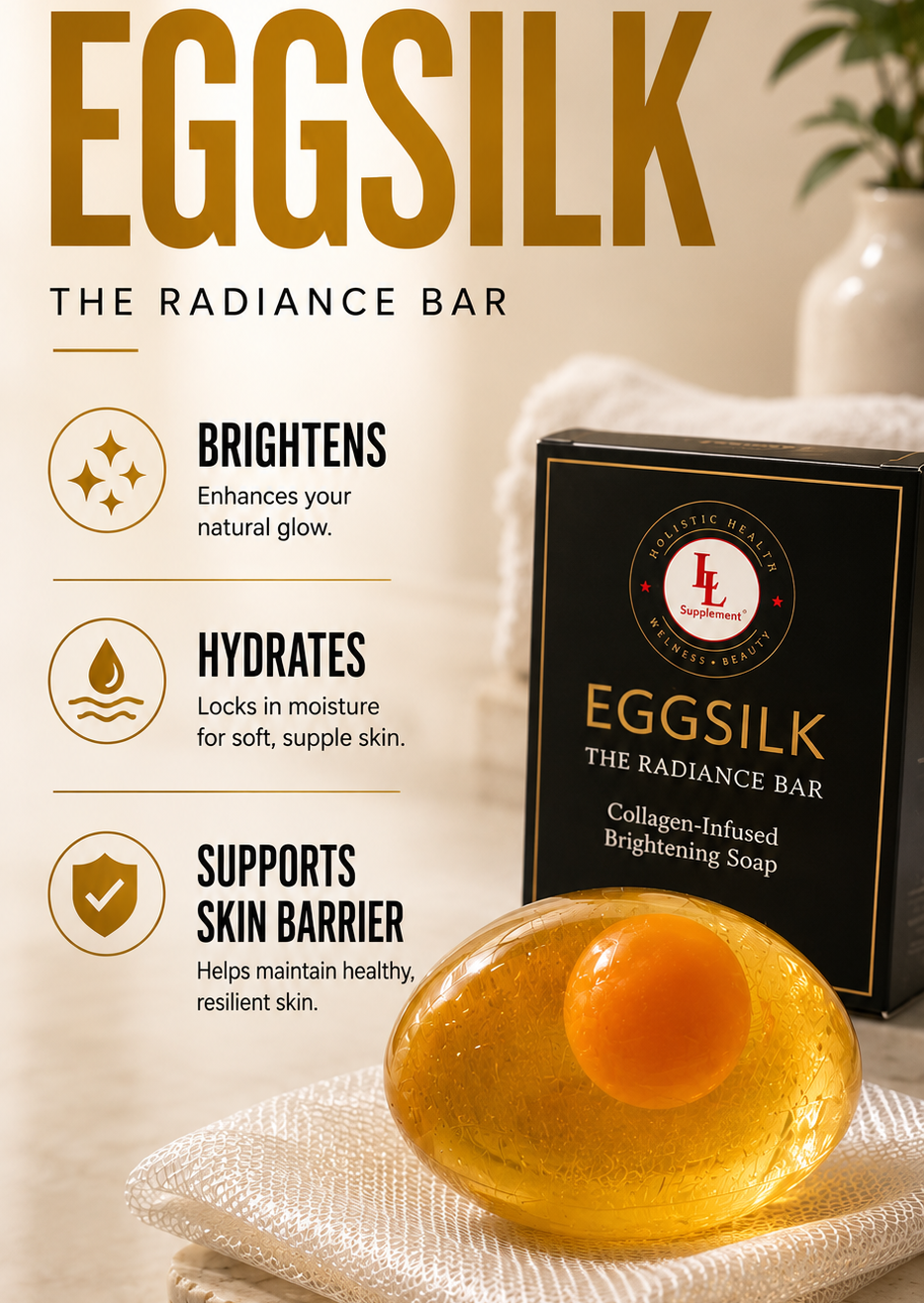 EggSilk The Radiance Bar brightening soap shown as a translucent golden bar resting on a folded white towel next to its black packaging box. The image includes marketing text highlighting its hydrating, brightening, and skin barrier support benefits.