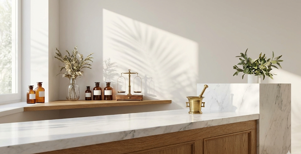 Modern kitchen counter with marble countertop, wooden cabinets, and decorative items.