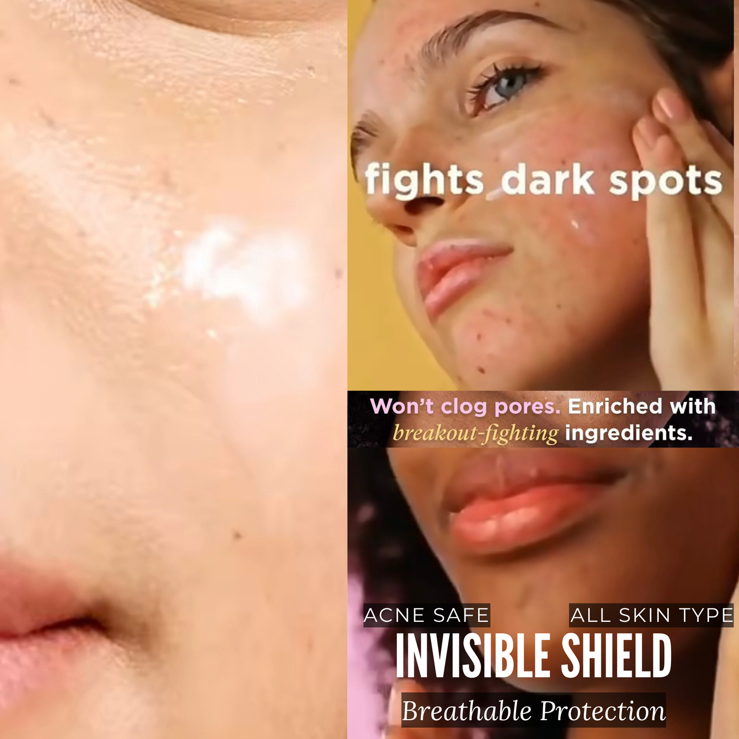 Product advertisement for 'Invisible Shield' with text highlighting benefits on a close-up of skin.