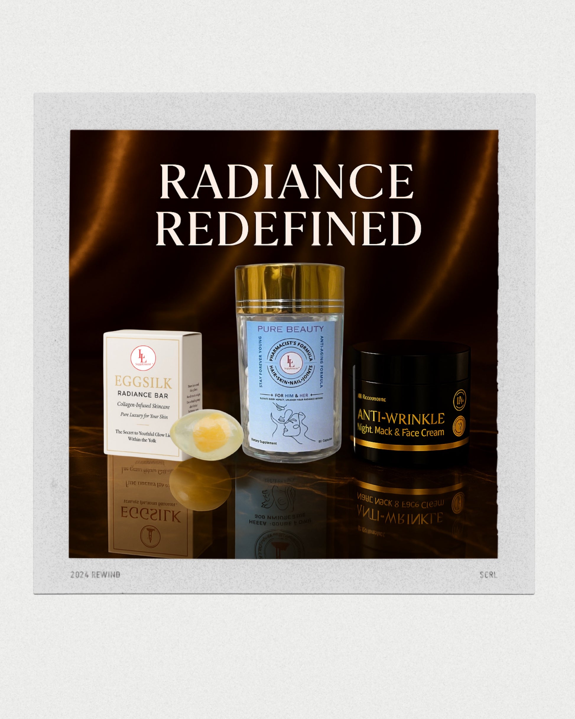 Skincare products with 'Radiance Redefined' text on a reflective surface