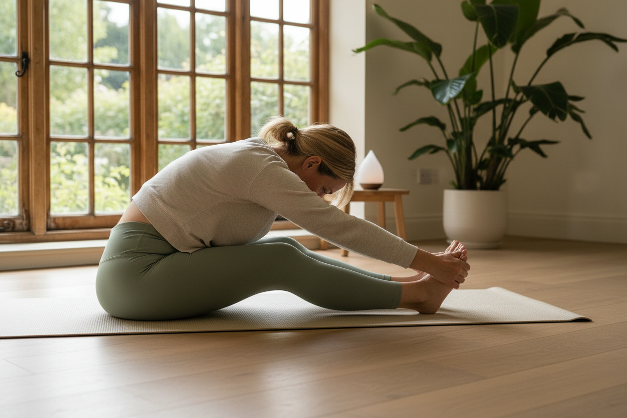 Woman sitting by a large window with a view of greenery, wearing a white sweater and beige pants.