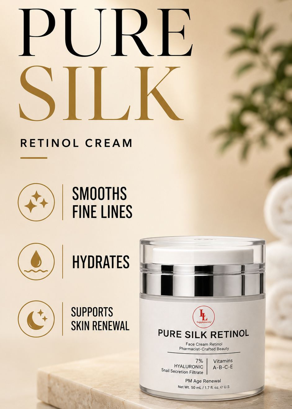 Pure Silk Retinol Cream jar displayed on a marble slab with promotional text on a beige background.