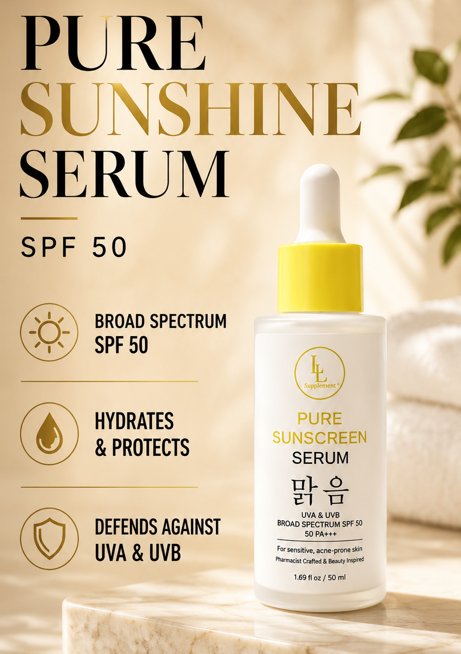 Pure Sunshine Serum SPF 50 sunscreen serum bottle with a yellow dropper cap, displayed on a marble slab with promotional text on a warm beige background.