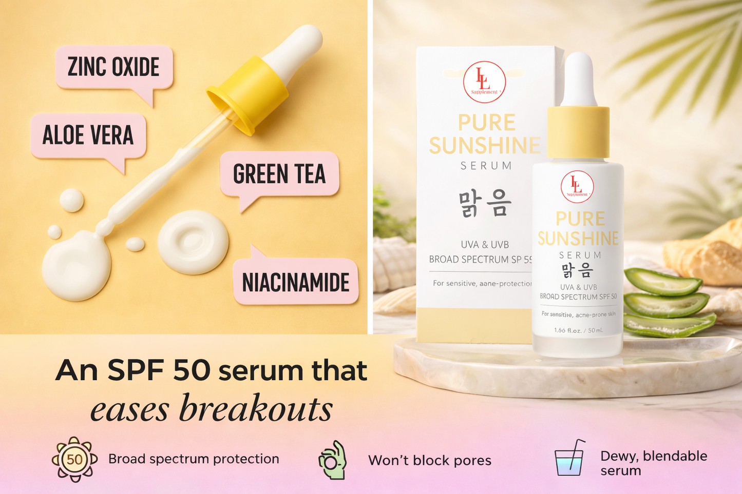 SPF 50 serum with dropper and packaging on a yellow background