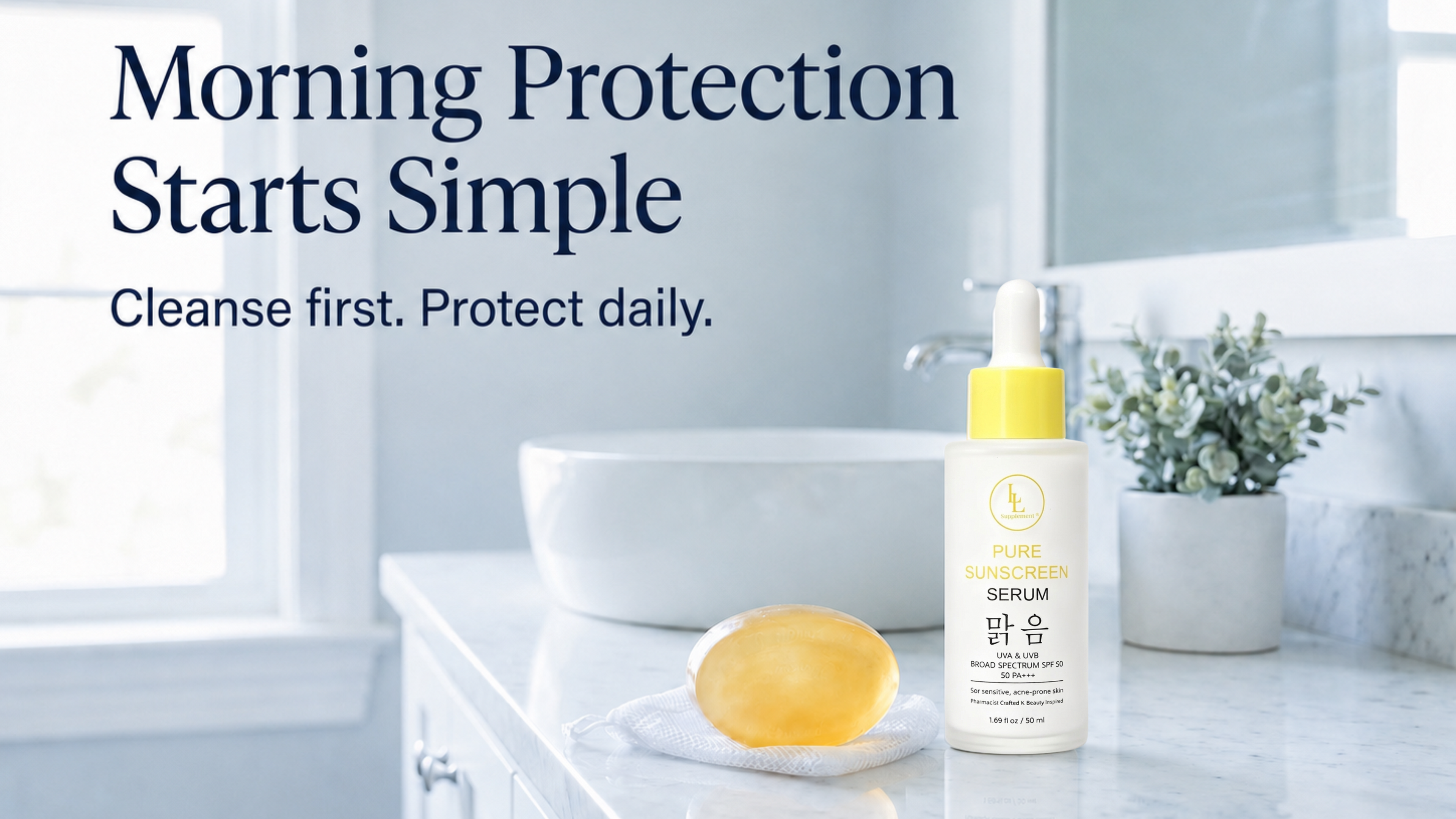 Serum bottle on a bathroom counter with text about morning protection.