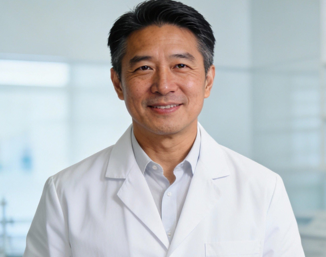 Person in a lab coat standing in a laboratory setting with shelves of bottles.
